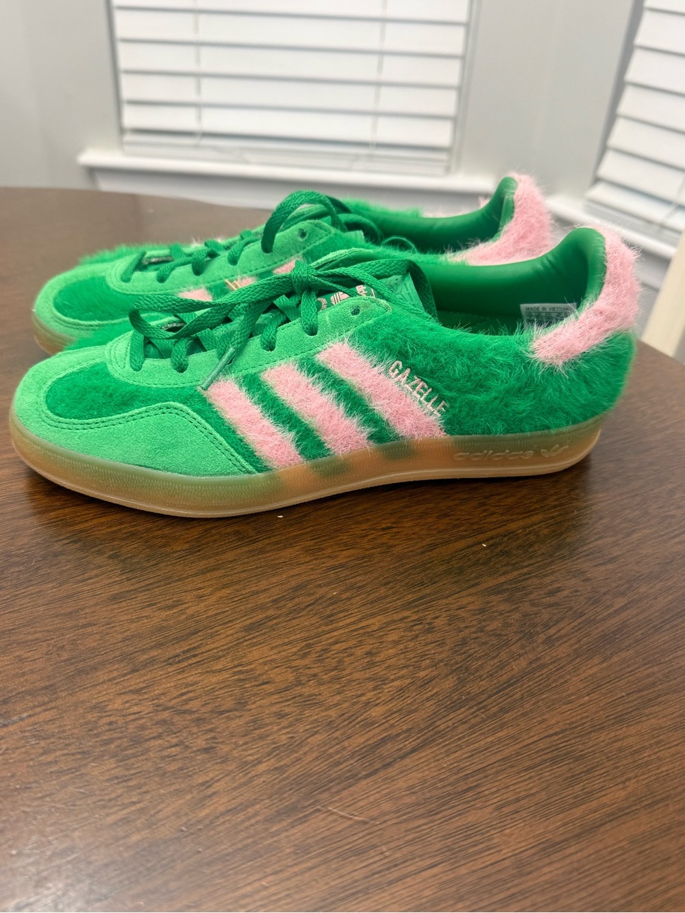adidas Green Sneakers with Pink Fuzzy Trim